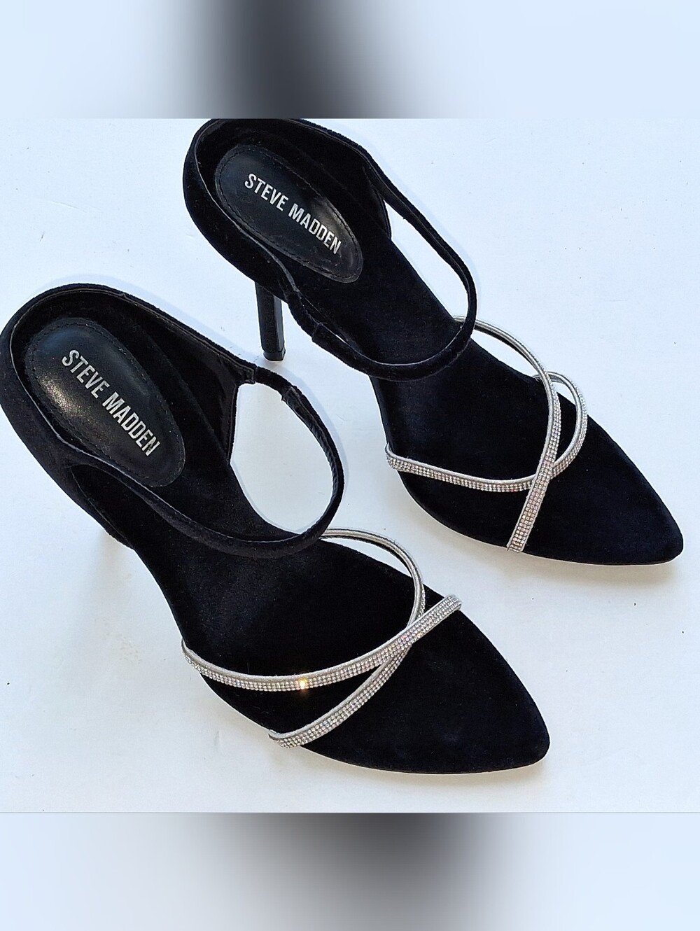 Steve Madden Black Velvet Pointed Toe Heels with Rhinestone Straps